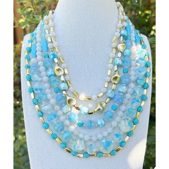 Schiaparelli Jewelry - SCHIAPARELLI Signed Five Strand Art Blue White Gold Glass Beaded Necklace